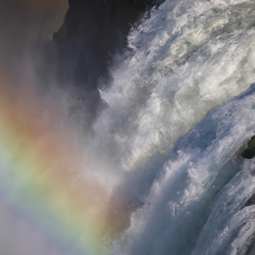 צילום שובה לב של מפל גולפוס, המציג את הכוח העצום של המים כשהם צוללים לתוך הקניון שמתחת, מוקף בערפל וקשתות.