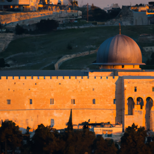 A panoramic view of the Al-Aqsa Mosque, bathed in the golden light of sunset.