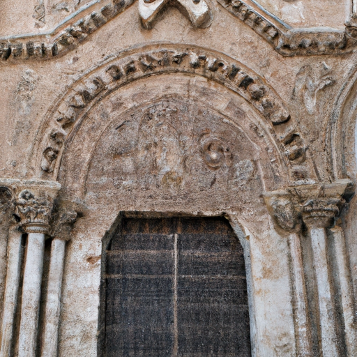 A close-up shot of the intricately carved entrance of the Church of the Holy Sepulchre.
