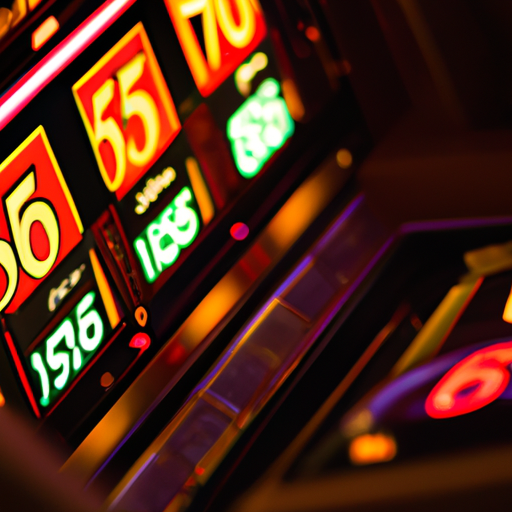 צילום תקריב של מכונת הימורים נוצצת בקזינו חשוך ומעושן