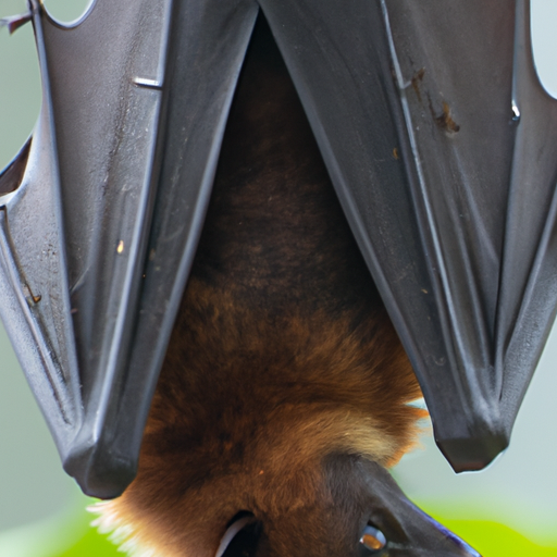 צילום תקריב של עטלף התלוי הפוך, המציג את תכונותיו הייחודיות כמו כנפיו ואוזניו.